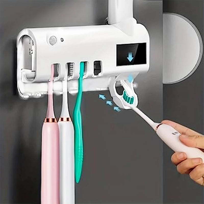 Suporte Dispenser Automático de Pasta de Dente com Esterilizador UV e Porta-Escovas – Higiene Diária Prática