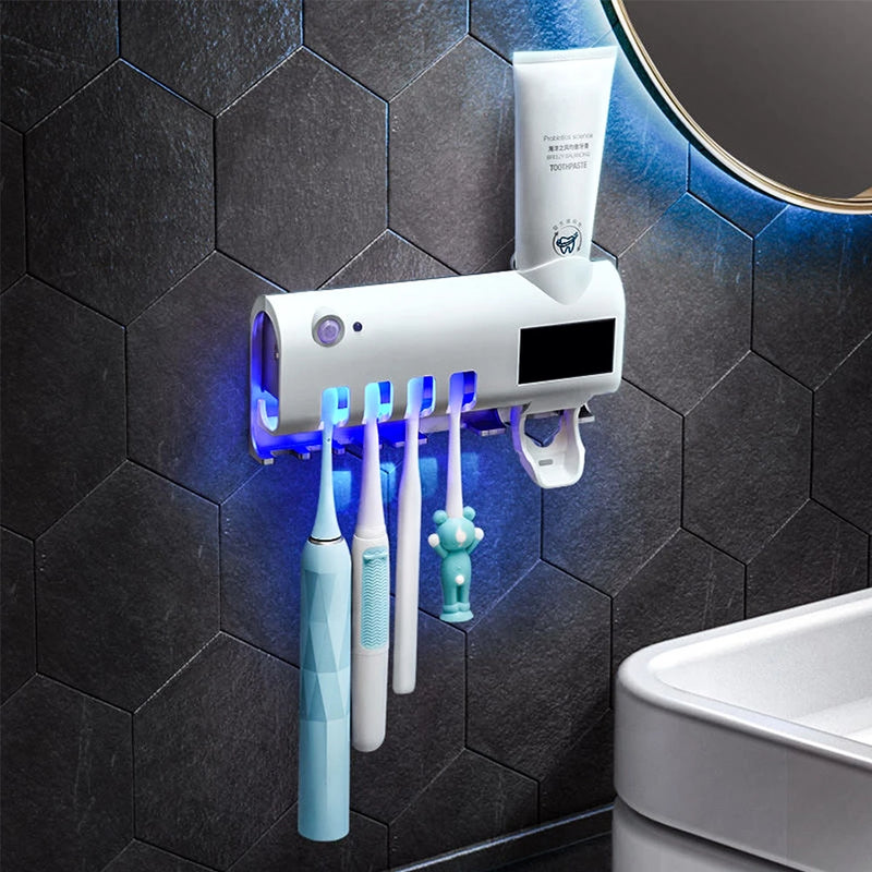 Suporte Dispenser Automático de Pasta de Dente com Esterilizador UV e Porta-Escovas – Higiene Diária Prática