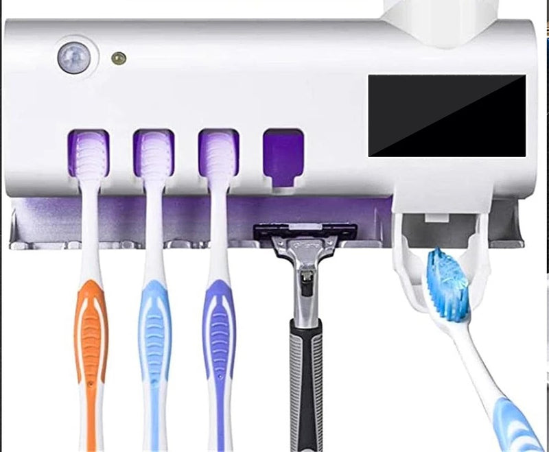Suporte Dispenser Automático de Pasta de Dente com Esterilizador UV e Porta-Escovas – Higiene Diária Prática